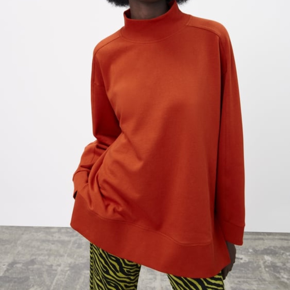 NWT ZARA HIGH NECK VENTED OVERSIZED SWEATSHIRT TOBACCO S